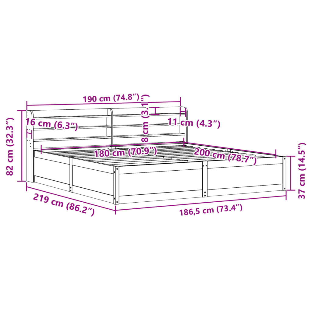 vidaXL Πλαίσιο Κρεβατιού με Κεφαλάρι 180x200 εκ. από Μασίφ Ξύλο Πεύκου