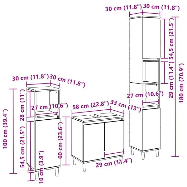 vidaXL Σετ Επίπλων Μπάνιου με αποθήκευση 3 pcs Μαύρο 30 x 30 x 180 cm