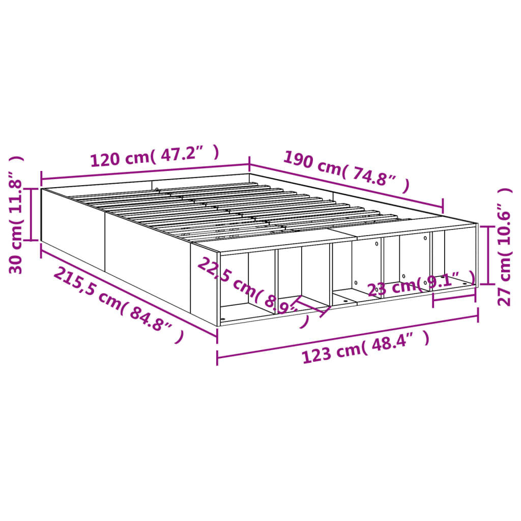 vidaXL Πλαίσιο Κρεβατιού Γκρι Sonoma 120 x 190 εκ. Επεξεργασμένο Ξύλο