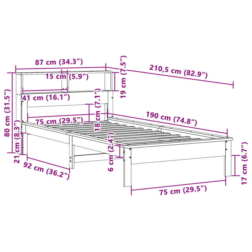 vidaXL Κρεβάτι Βιβλιοθήκη Χωρίς Στρώμα 75x190 εκ Μασίφ Ξύλο Πεύκο