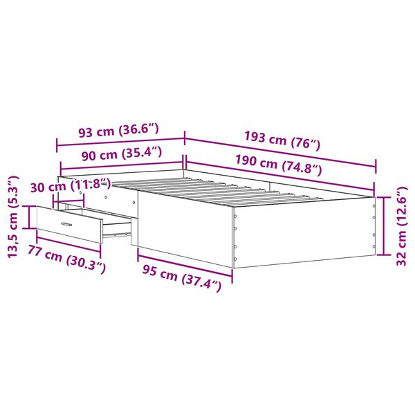 vidaXL Κρεβάτι με Συρτάρια artisan δρυς 90 x 190 cm Επεξεργασμένο ξύλο