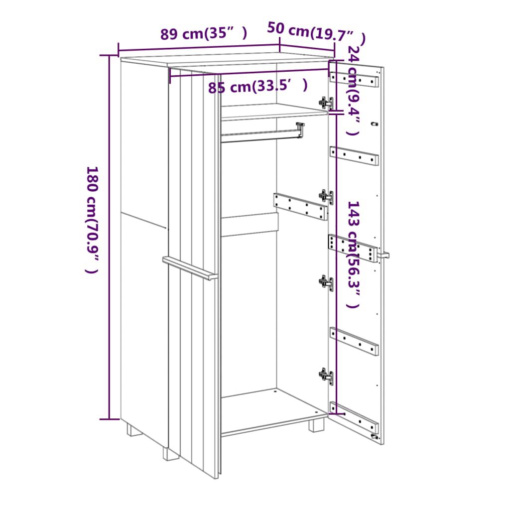 vidaXL Ντουλάπα HAMAR Σκ. Γκρι 89 x 50 x 180 εκ. από Μασίφ Ξύλο Πεύκου