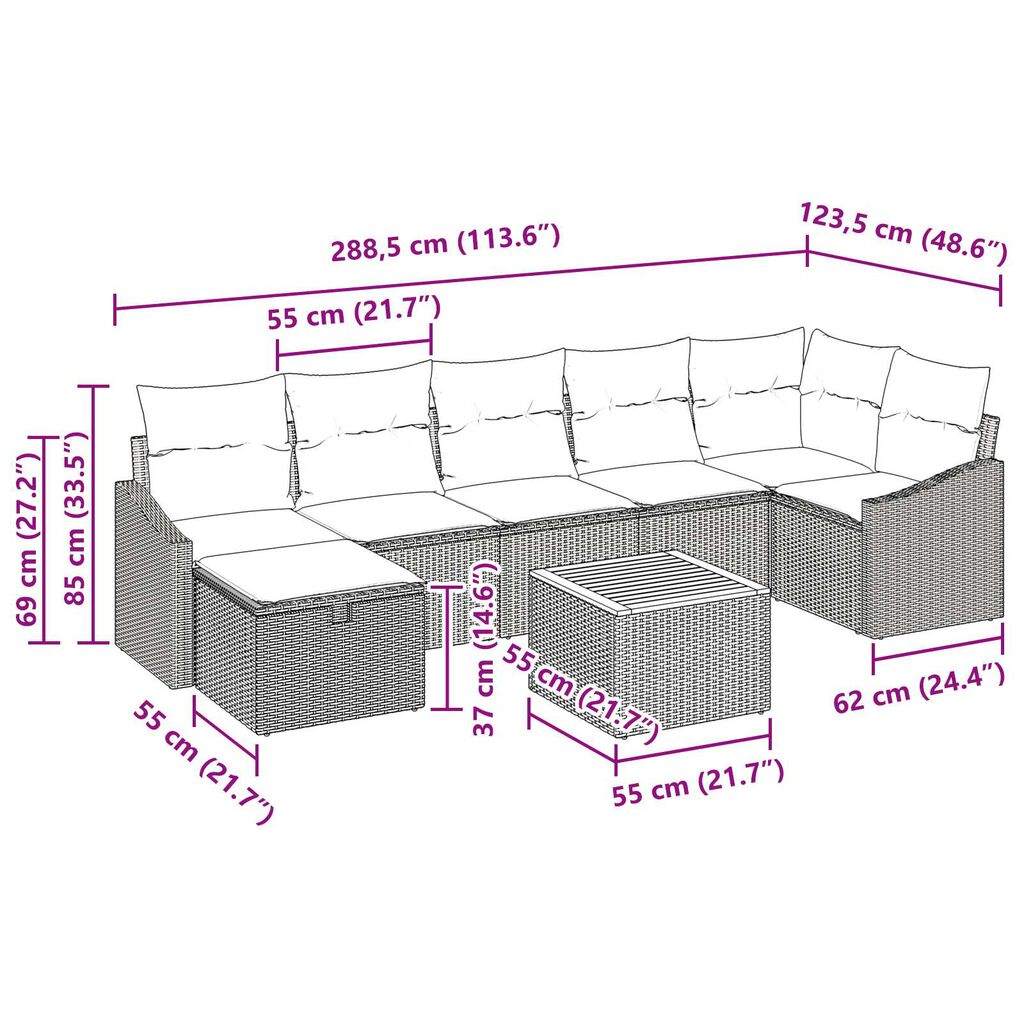 vidaXL Σετ Καναπέ Κήπου με μαξιλάρι 8 pcs Γκρι Πολυ ράταν