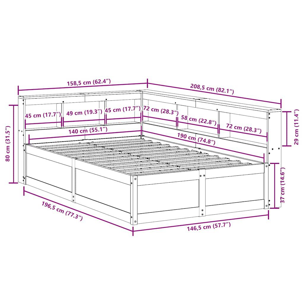 vidaXL Κρεβάτι Βιβλιοθήκη Χωρίς Στρώμα 140x190 εκ Μασίφ Ξύλο Πεύκου