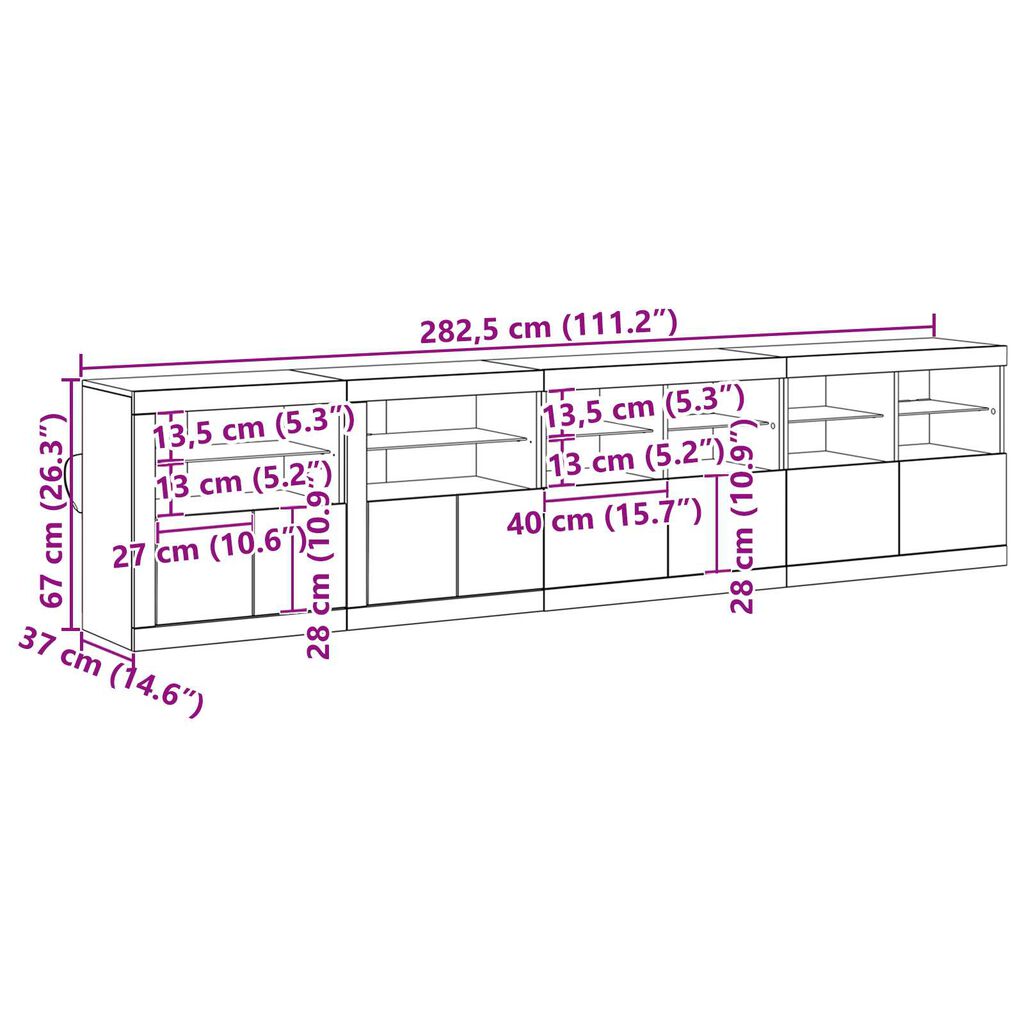 vidaXL Μπουφές με LED Φώτα Παλιού Ξύλου 283x37x67 cm Κατασκευασμένο Ξύλο