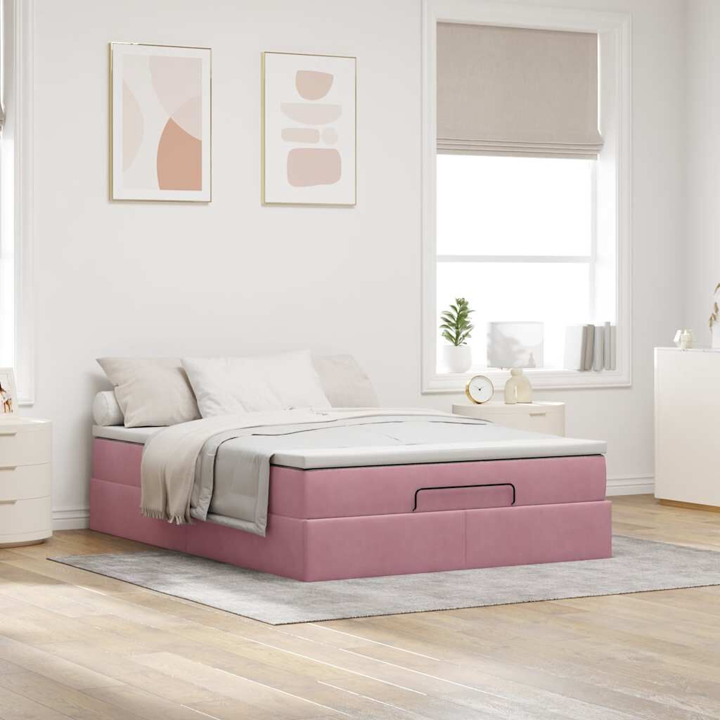 vidaXL Οθωμανικό κρεβάτι με στρώμα ροζ 140x200cm Βελούδο