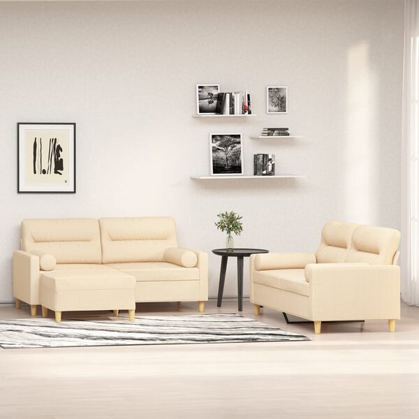 vidaXL Σετ Σαλονιού 3 Τεμαχίων Κρεμ Ύφασμα + Διακοσμητικά Μαξιλάρια