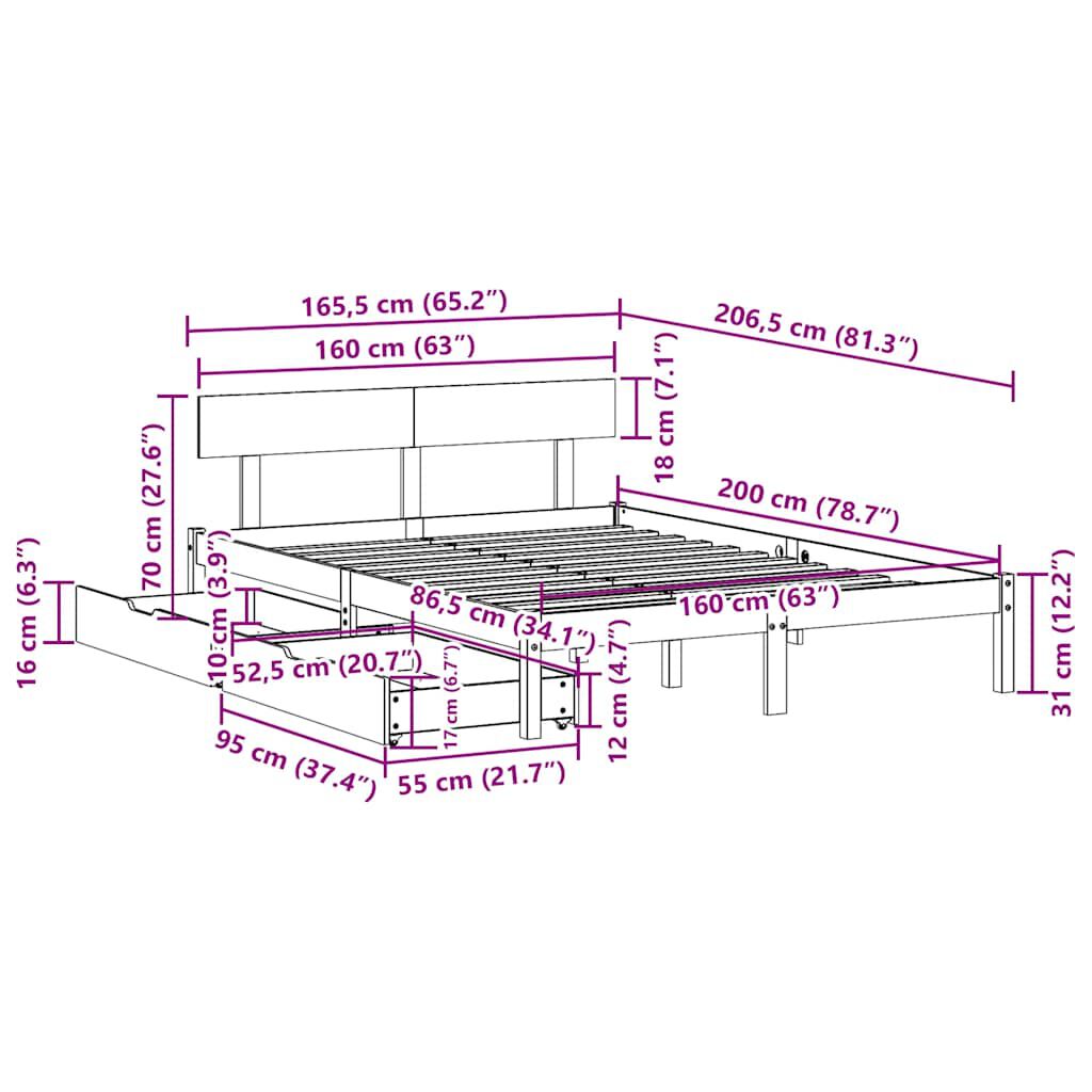 vidaXL Σκελετός Κρεβατιού Χωρίς Στρώμα 160x200 εκ Μασίφ Ξύλο Πεύκου