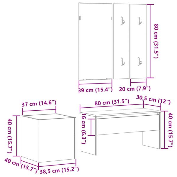 vidaXL Σετ επίπλων χωλ 5 pcs Μαύρη βελανιδιά, Ασημί 80 x 30.5 x 40 εκ