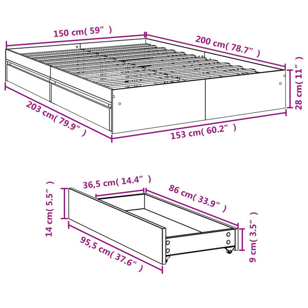 vidaXL Πλαίσιο Κρεβατιού με Συρτάρια Μαύρο 150 x 200 εκ. Επεξεργ. Ξύλο