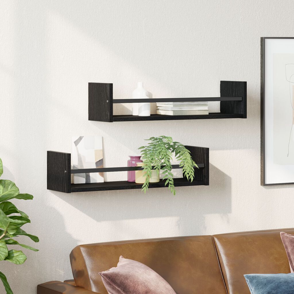 vidaXL Ράφια τοίχου 2 τεμ Μαύρη Δρυς 60x16x14 εκ Κατασκευασμένο ξύλο