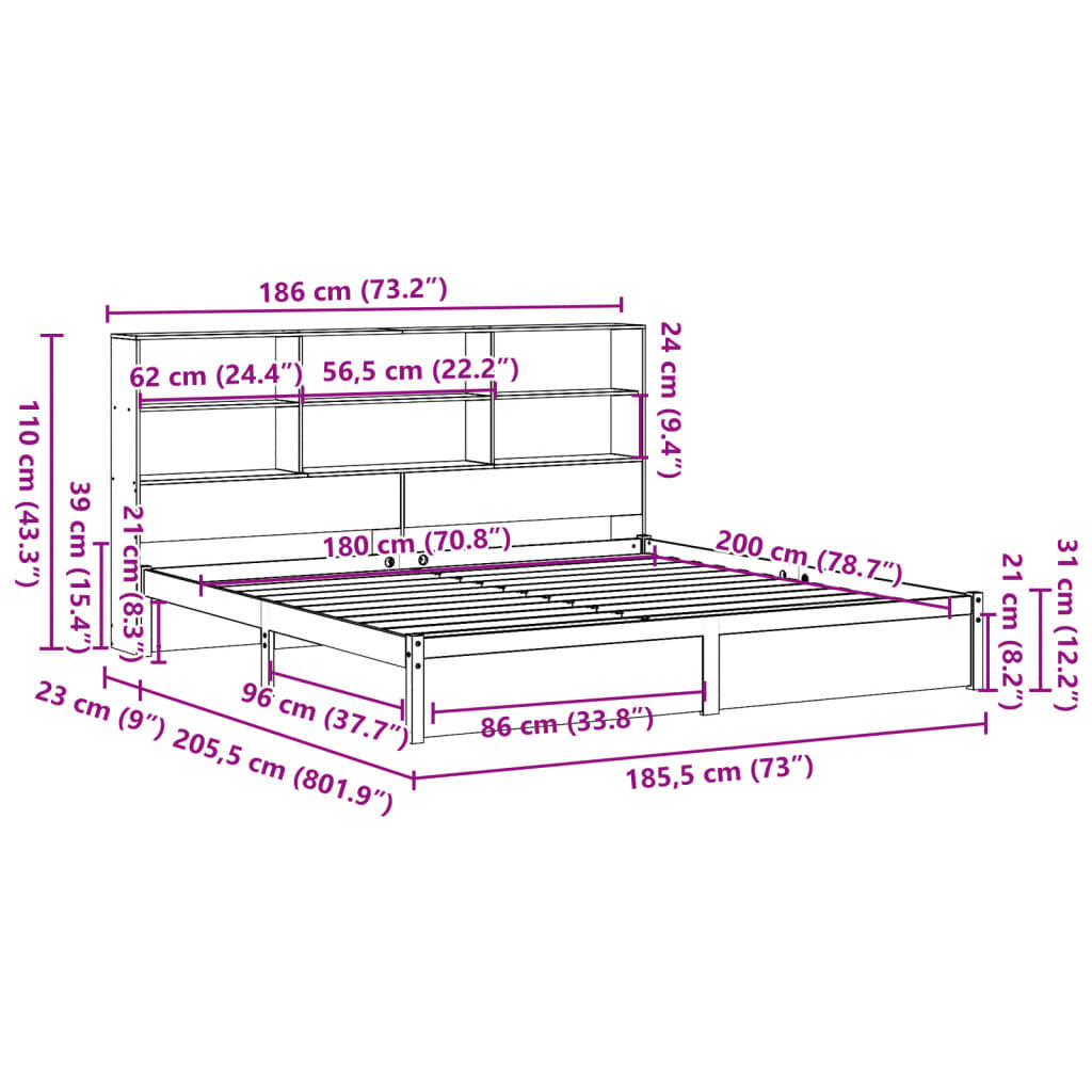 vidaXL Κρεβάτι Βιβλιοθήκη Χωρίς Στρώμα 180x200 εκ Μασίφ Ξύλο Πεύκου