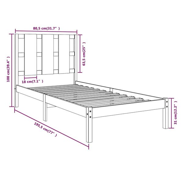 vidaXL Πλαίσιο Κρεβατιού 75 x 190 εκ. από Μασίφ Ξύλο Small Single