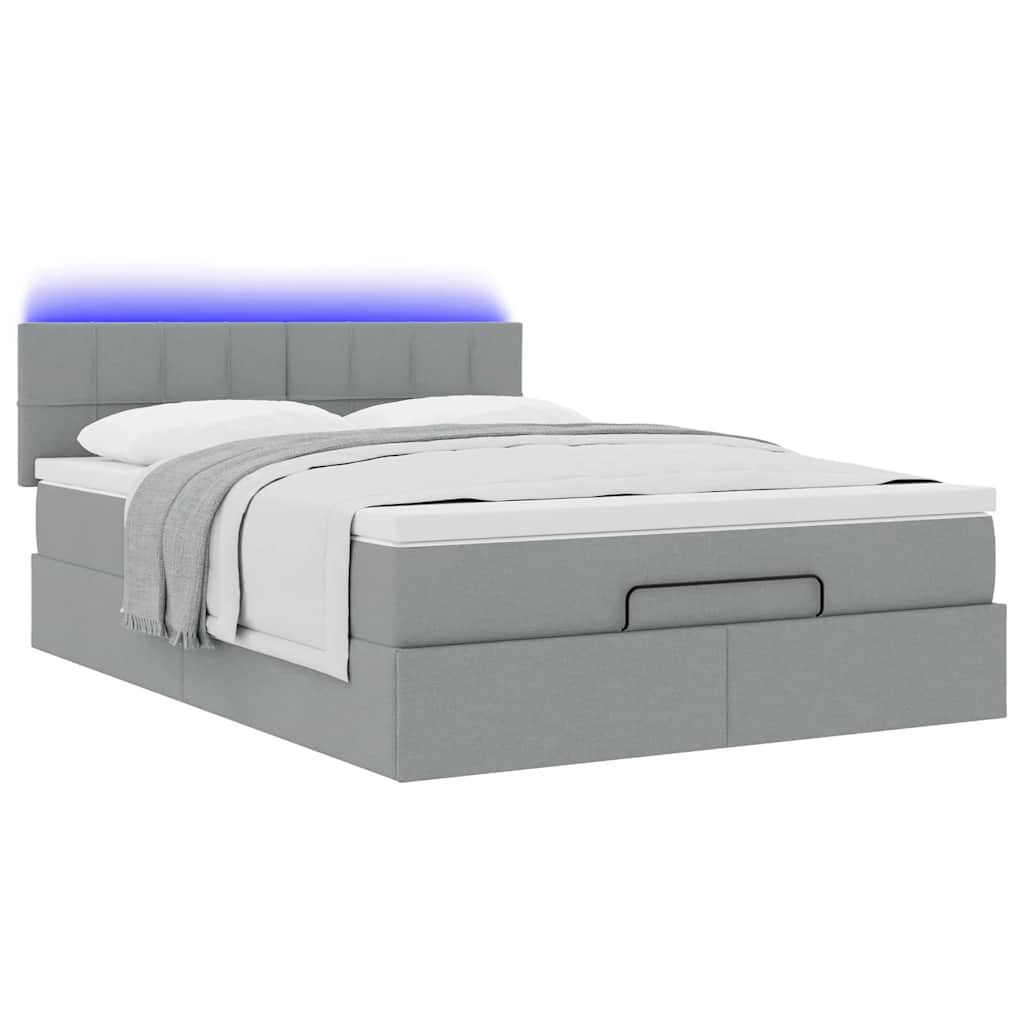 vidaXL Οθωμανικό κρεβάτι με στρώμα & LEDs Ανοιχτό γκρι ύφασμα
