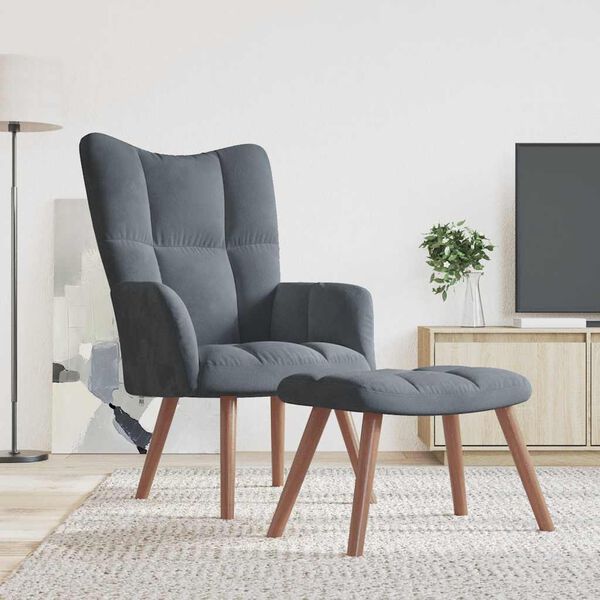 vidaXL Πολυθρόνα Relax Σκούρο Γκρι Βελούδινη με Σκαμπό