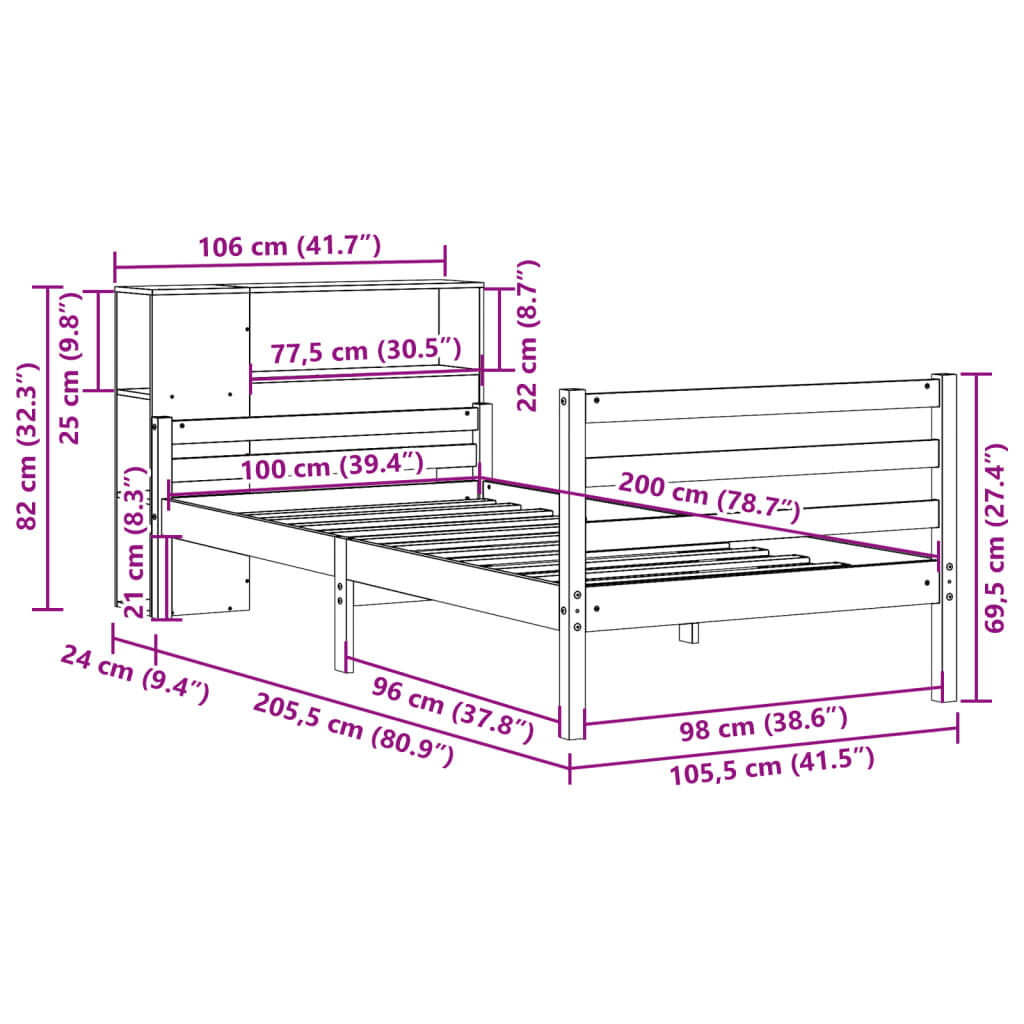 vidaXL Κρεβάτι Βιβλιοθήκη Χωρίς Στρώμα 100x200 εκ. Μασίφ Ξύλο Πεύκο