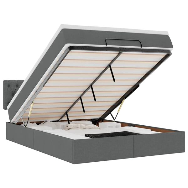 vidaXL Οθωμανικό κρεβάτι με στρώμα & LEDs Σκούρο γκρι 140x200cm Ύφασμα