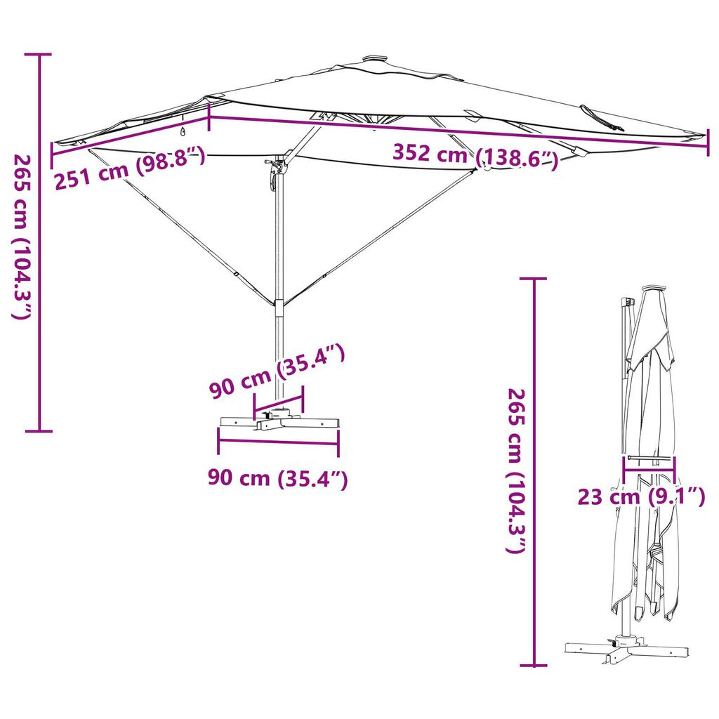 vidaXL Ομπρέλα με βραχίονα Roma με LEDs Ταμπά 352x251x265 cm Αλουμίνιο