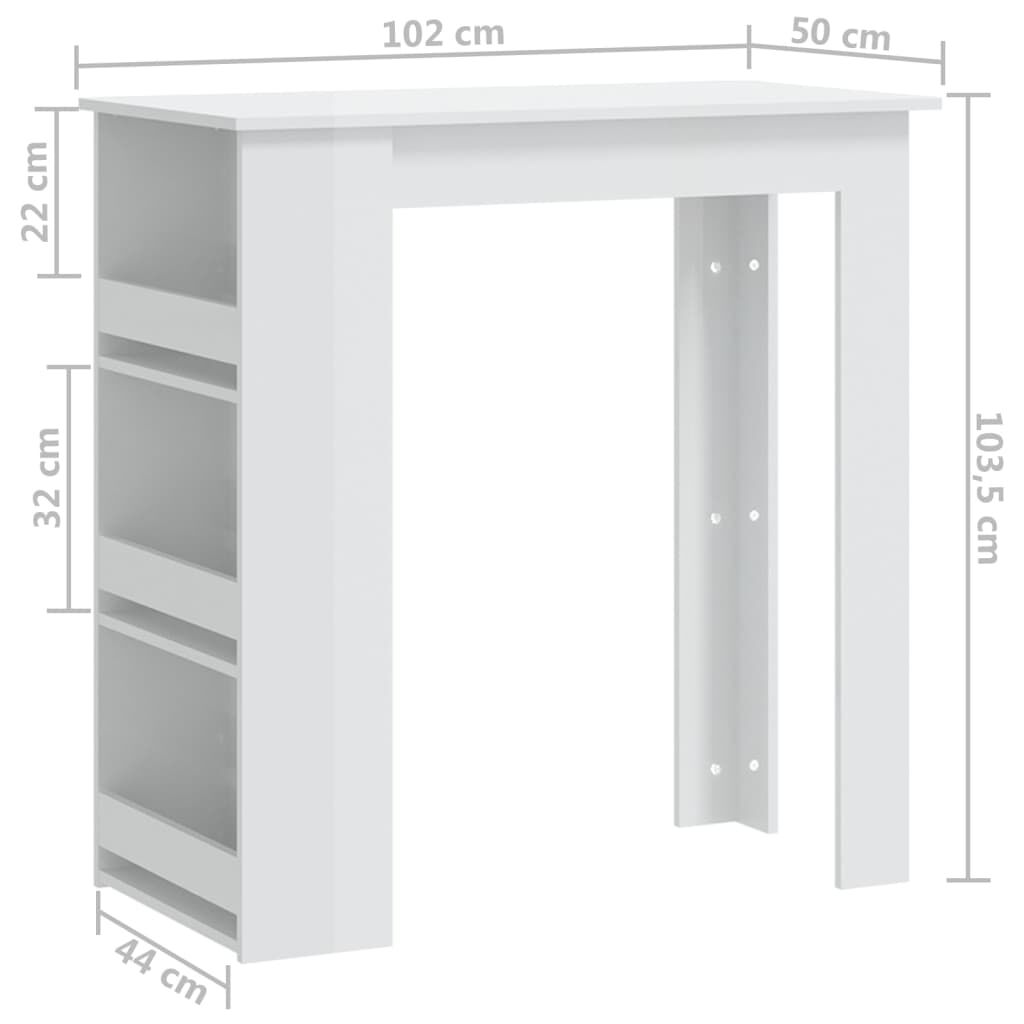 vidaXL Τραπέζι Μπαρ με Ράφια Γυαλ. Λευκό 102x50x103,5 εκ. Επεξ. Ξύλο