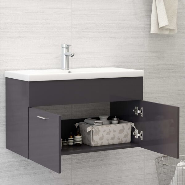 vidaXL Ντουλάπι Νιπτήρα Γυαλιστερό Γκρι 80x38,5x46 εκ. από Επεξ. Ξύλο