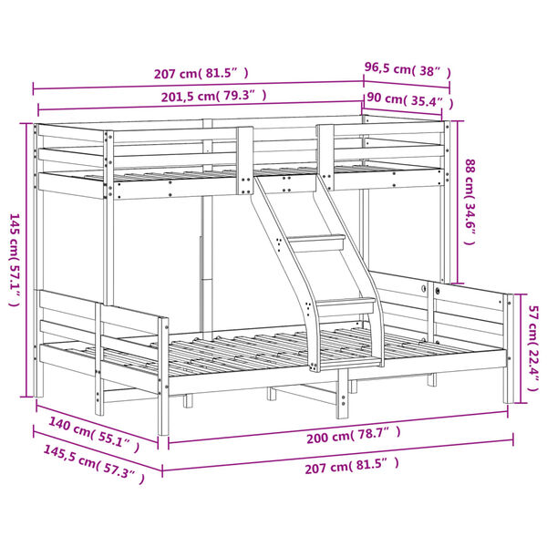 vidaXL Κουκέτα 90x200/140x200 εκ. Καφέ Κεριού από Μασίφ Ξύλο Πεύκου
