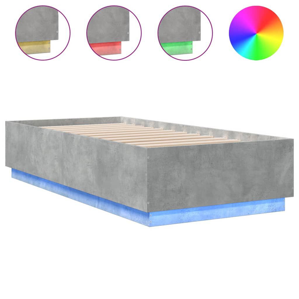 vidaXL Πλαίσιο Κρεβατιού με LED Γκρι Σκυρ. 90x200 εκ. Επεξεργ. Ξύλο