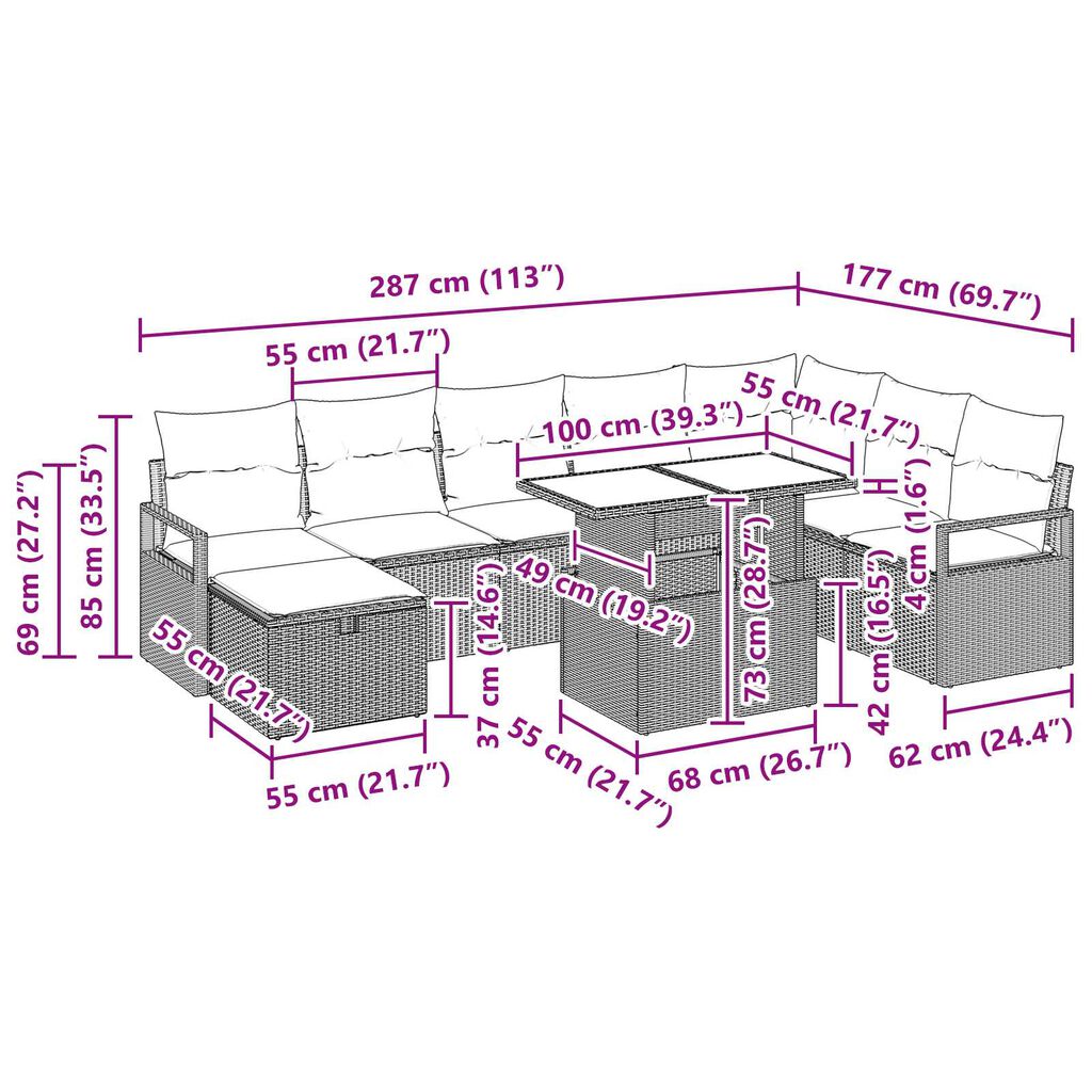 vidaXL Σετ Καναπέ Κήπου με μαξιλάρι 9 pcs Ανοιχτό γκρι Πολυ ράταν