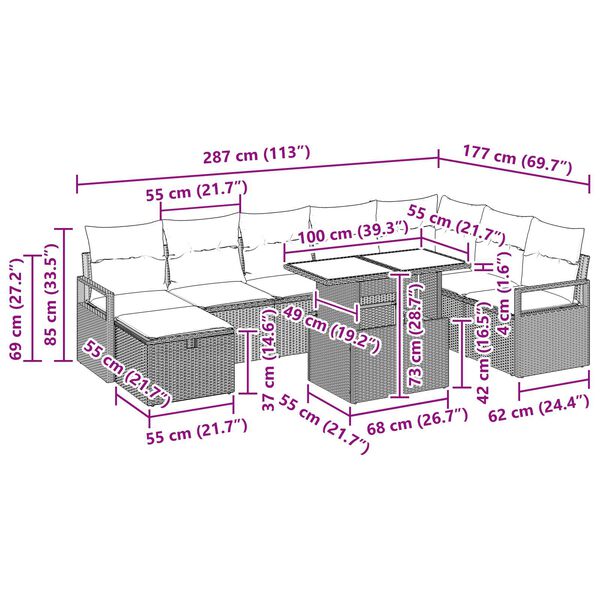 vidaXL Σετ Καναπέ Κήπου με μαξιλάρι 9 pcs Ανοιχτό γκρι Πολυ ράταν