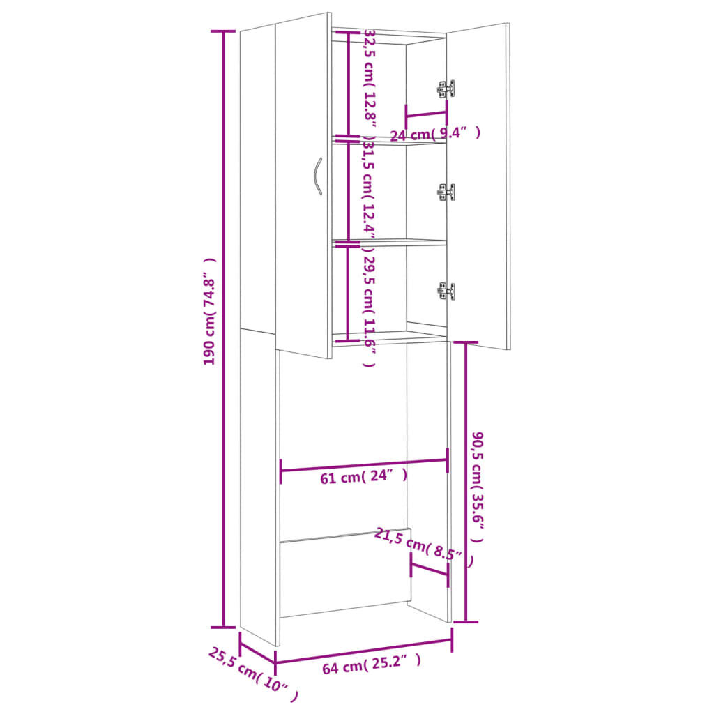 vidaXL Ντουλάπι Πλυντηρίου Γκρι Sonoma 64 x 25,5 x 190 εκ.