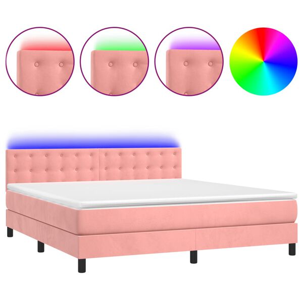 vidaXL Κρεβάτι Boxspring με Στρώμα & LED Ροζ 160x200 εκ. Βελούδινο