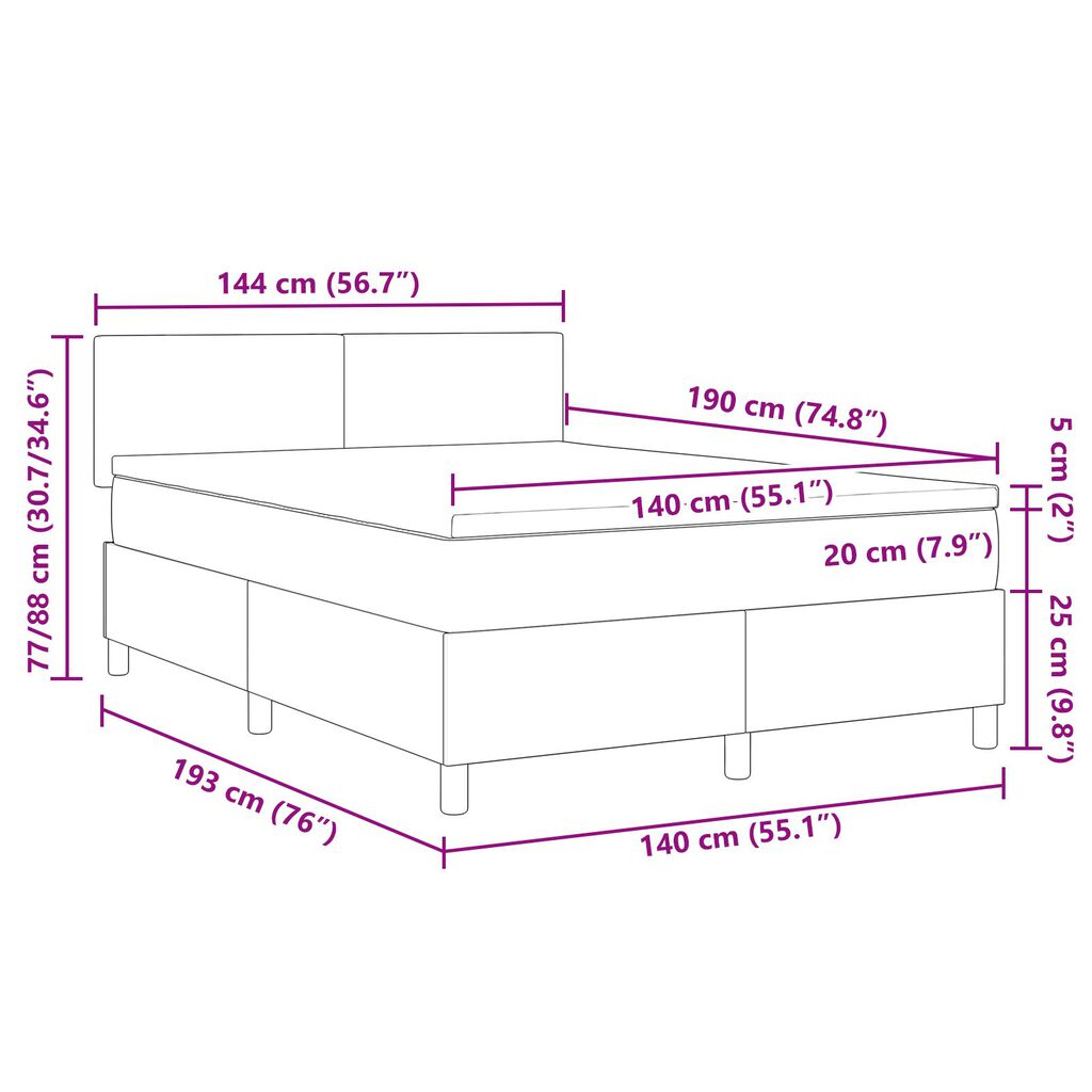 vidaXL Box Spring Bed με Στρώμα & LED Φως Πράσινο Γκρι 140x200 εκ. Ύφασμα Κορντούρας
