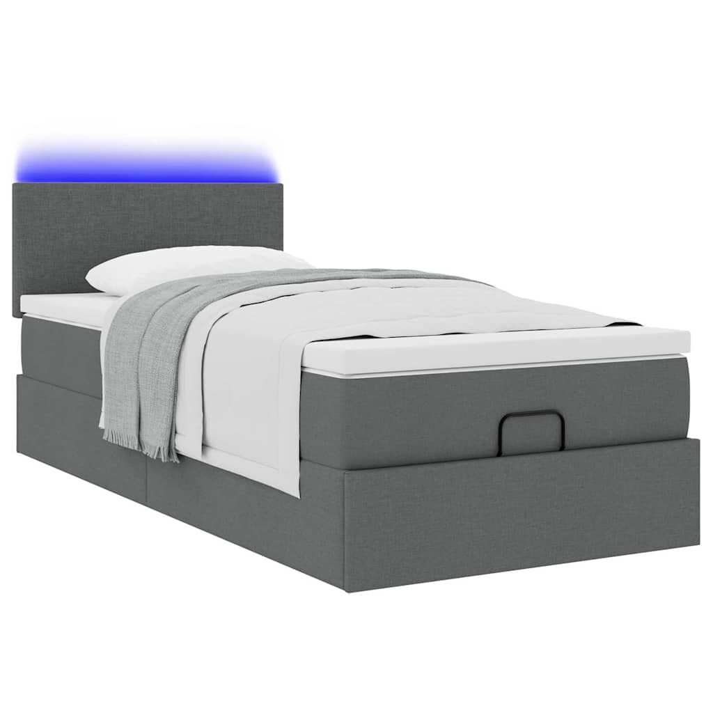 vidaXL Οθωμανικό κρεβάτι με στρώμα & LEDs Σκούρο γκρι 90x200 cm Ύφασμα