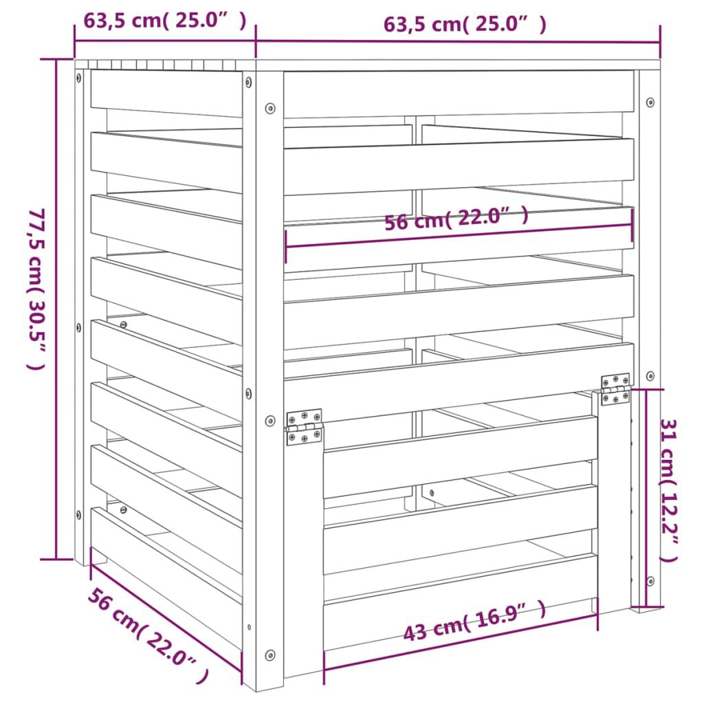 vidaXL Κομποστοποιητής Μαύρο 63,5x63,5x77,5 εκ. από Μασίφ Ξύλο Πεύκου