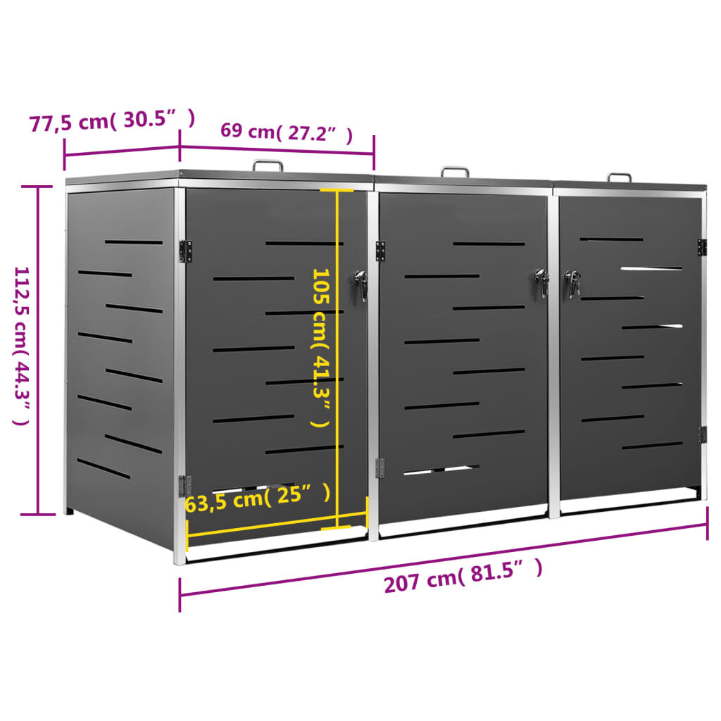 vidaXL Πλαίσιο Κάδου Απορρ. Τριπλό με Ρόδες 207x77,5x112,5εκ. Αν. Ατσ.