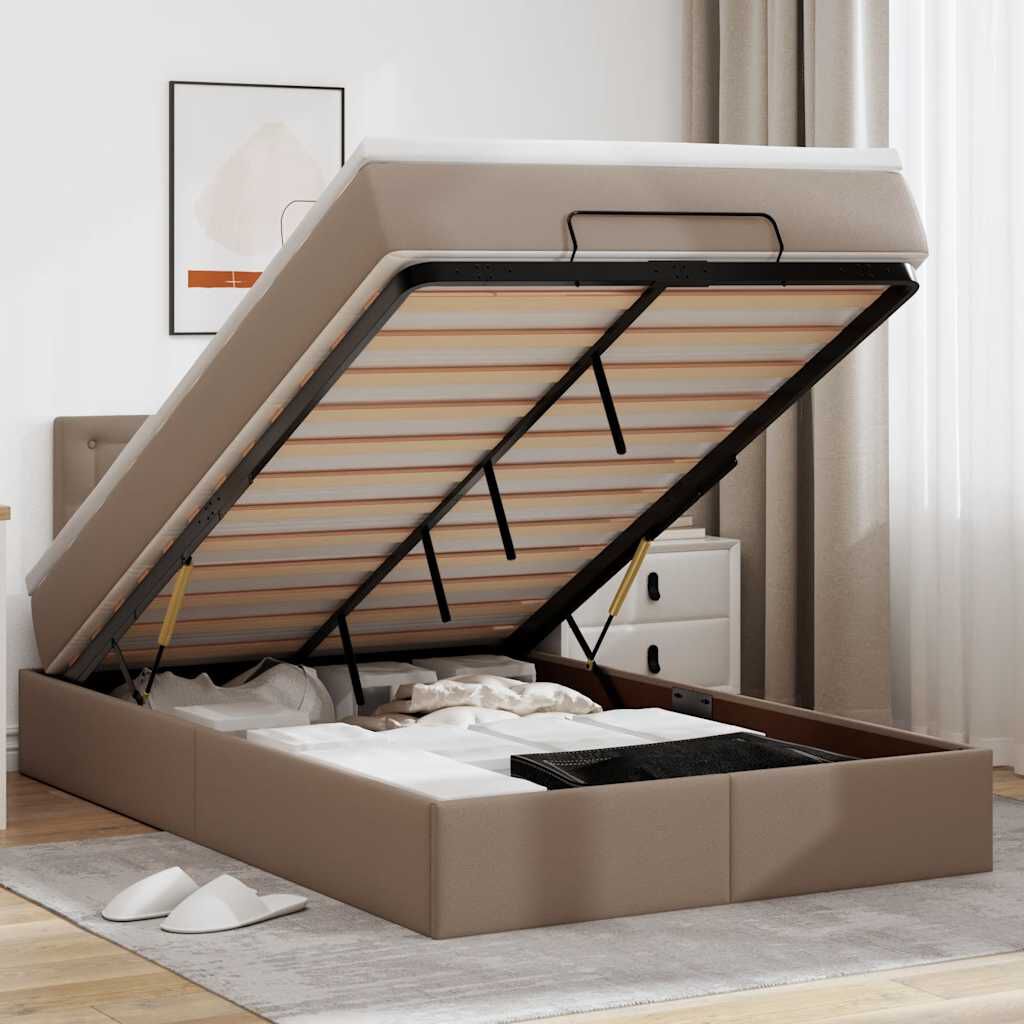 vidaXL Οθωμανικό κρεβάτι με στρώματα & LEDs Cappuccino Faux Leather