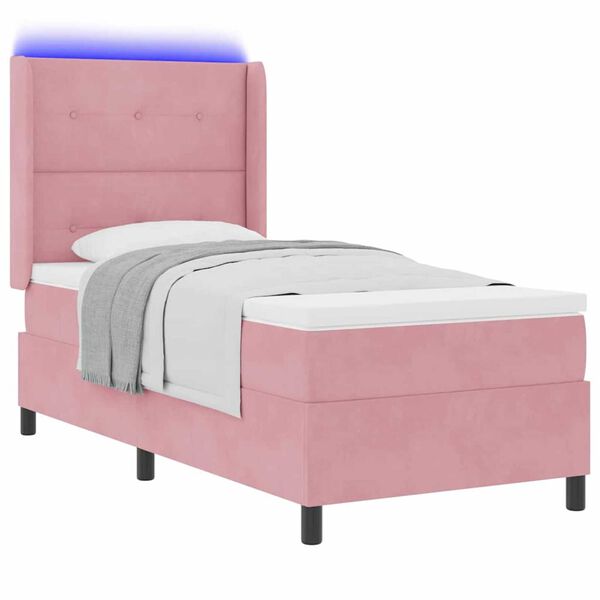 vidaXL Κρεβάτι Box Spring LED με Στρώμα Ροζ 90 x 190 cm Βελούδο
