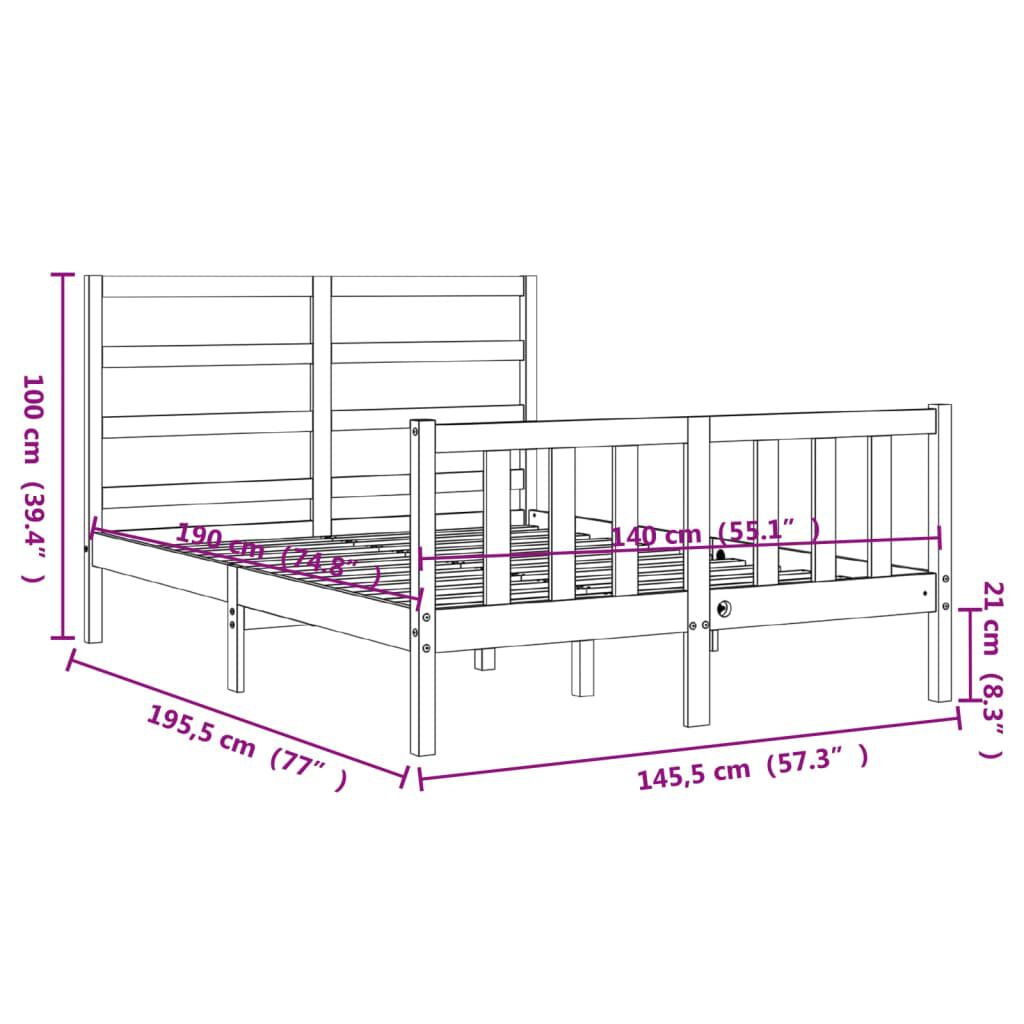 vidaXL Πλαίσιο Κρεβατιού με Κεφαλάρι Μαύρο 140x190 εκ. Μασίφ Ξύλο