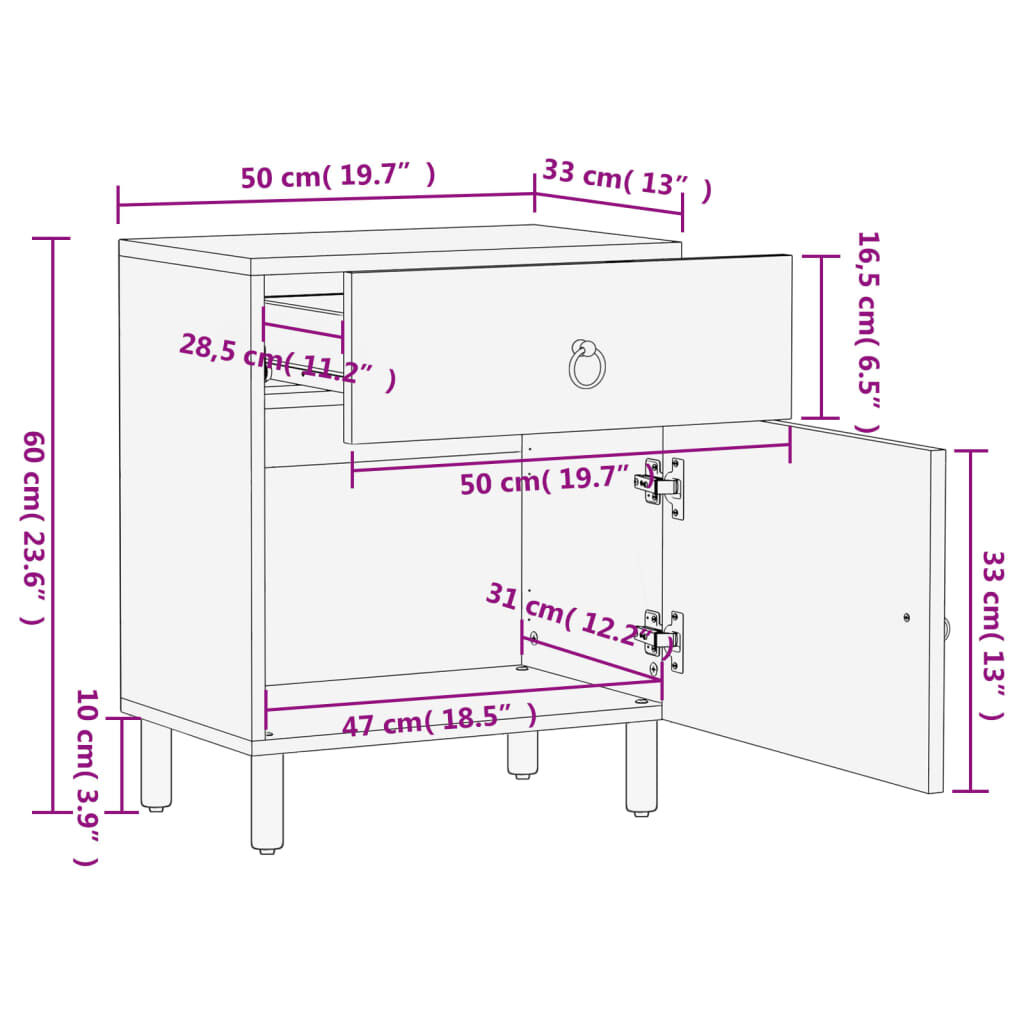 vidaXL Κομοδίνο 50 x 33 x 60 εκ. από Μασίφ Ξύλο Μάνγκο