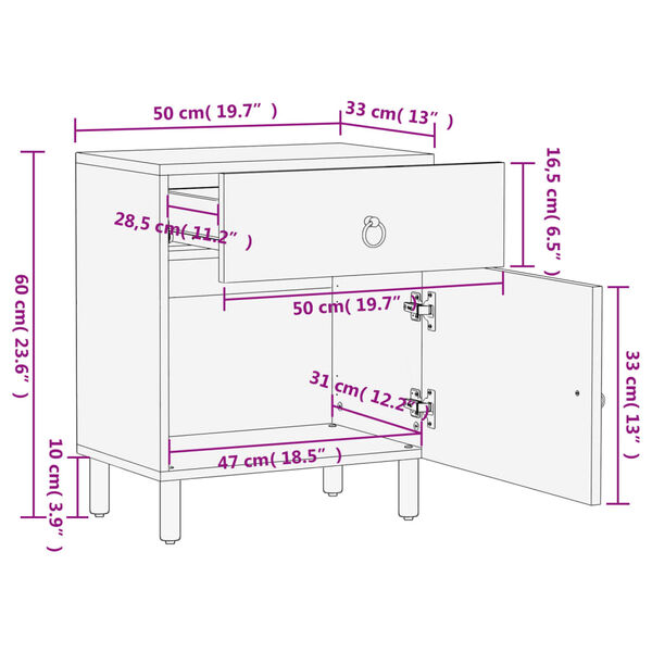 vidaXL Κομοδίνο 50 x 33 x 60 εκ. από Μασίφ Ξύλο Μάνγκο