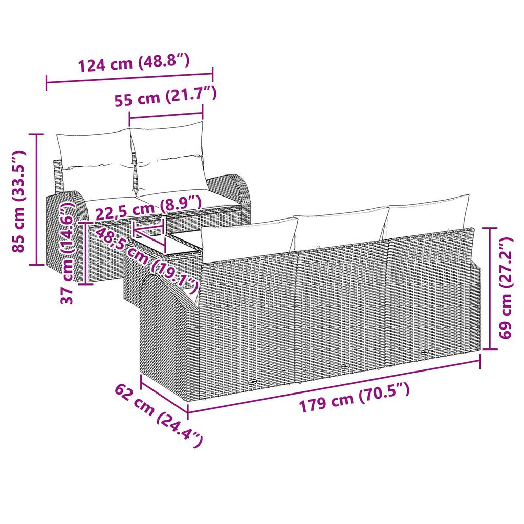 vidaXL Σετ Καναπέ Κήπου 6 pcs Καφέ 55 x 55 x 37 εκ Πολυ ράταν