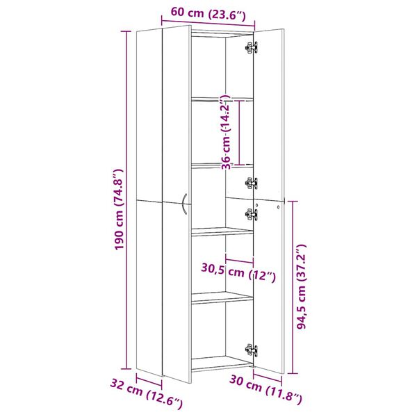 vidaXL Ντουλάπα Γραφείου Μαύρη 60 x 32 x 190 εκ. από Επεξ. Ξύλο