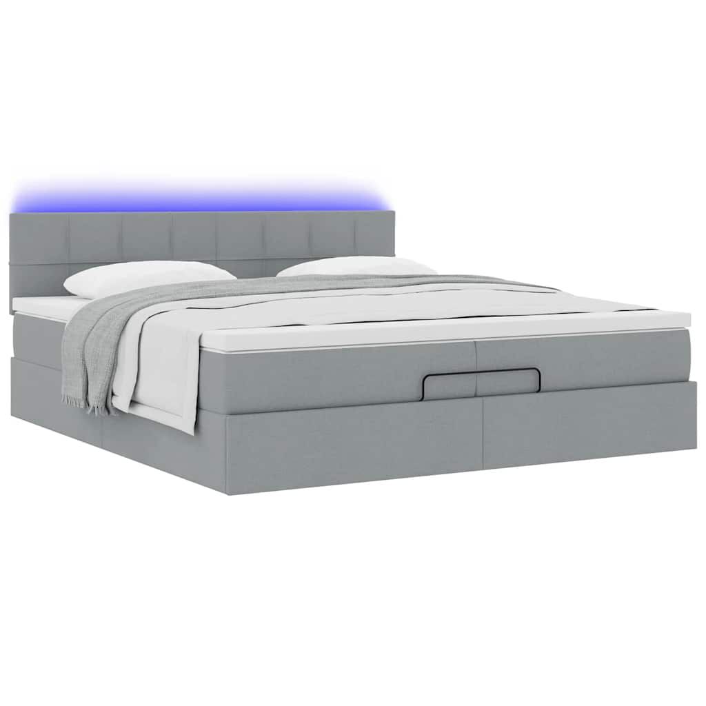 vidaXL Οθωμανικό κρεβάτι με στρώματα & LEDs Ανοιχτό γκρι ύφασμα