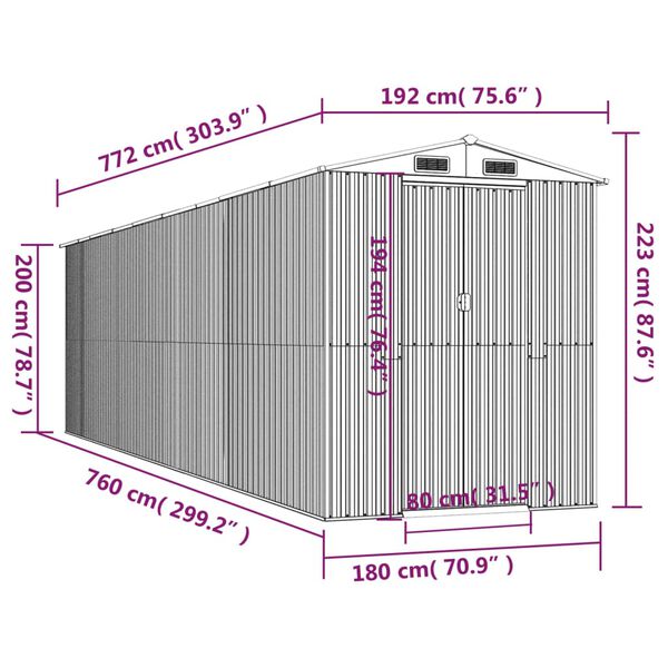 vidaXL Αποθήκη Κήπου Ανθρακί 192x772x223 εκ. Γαλβανισμένο Ατσάλι