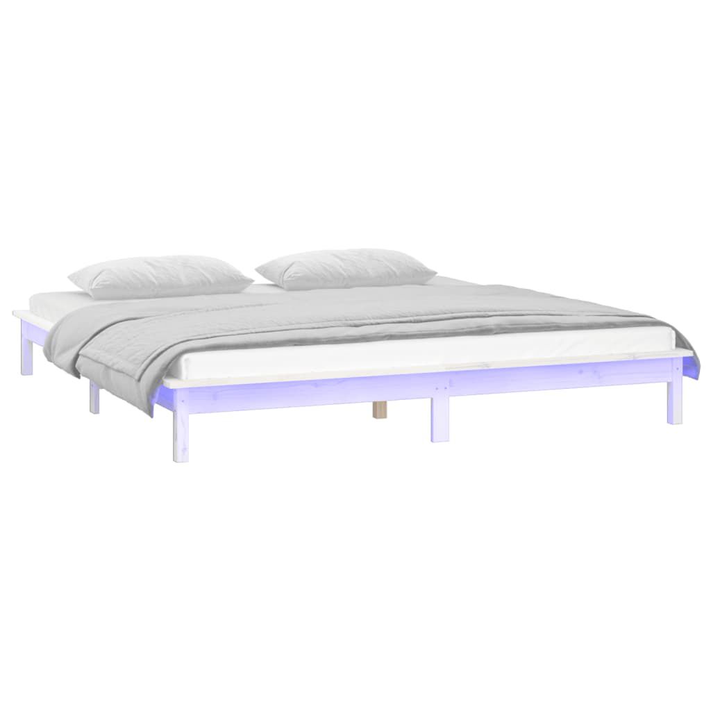 vidaXL Πλαίσιο Κρεβατιού με LED Λευκό 135 x 190 εκ. Διπλό Μασίφ Ξύλο