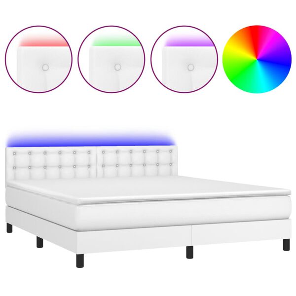 vidaXL Κρεβάτι Boxspring με Στρώμα & LED Λευκό 180x200 εκ. Συνθ. Δέρμα