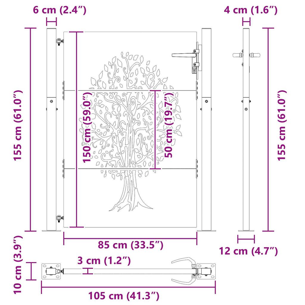vidaXL Πύλη Κήπου Άλλο Μαύρο 105 x 150 cm Ατσάλι με Επικάλυψη Πούδρας