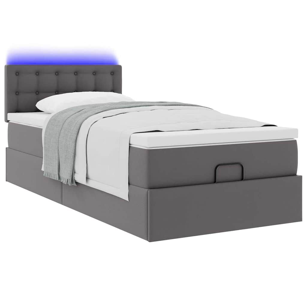 vidaXL Οθωμανικό κρεβάτι με στρώματα & LEDs Γκρι 90x200cm Faux Leather