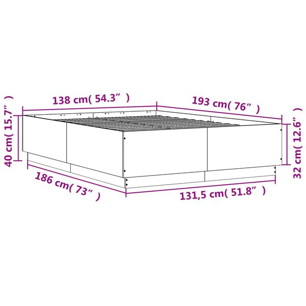 vidaXL Πλαίσιο Κρεβατιού με LED Καπνιστή Δρυς 135x190εκ. Επεξ. Ξύλο
