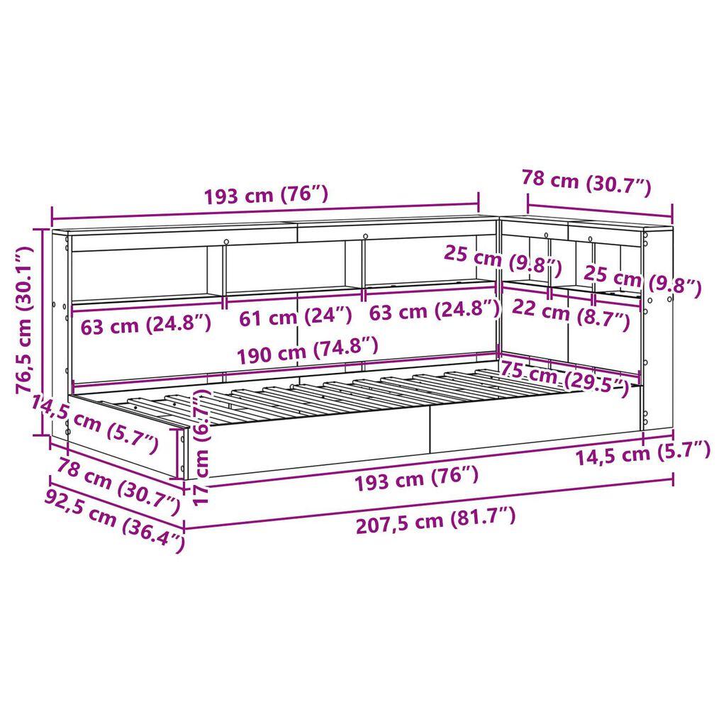 vidaXL Κρεβάτι Βιβλιοθήκη Σονομά Οξιά 75x190 εκ, Φτιαγμένο από Ξύλο