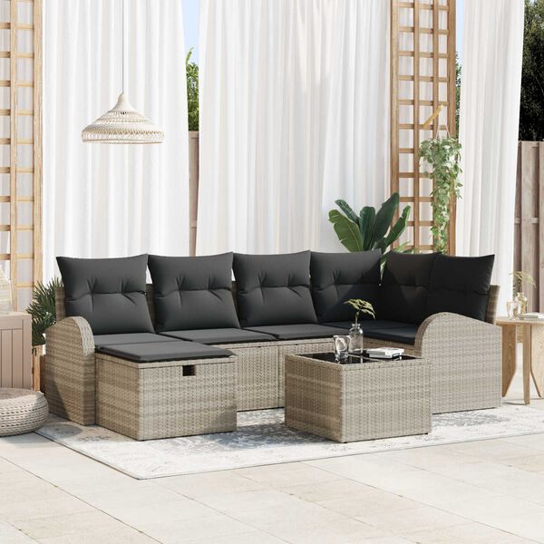 vidaXL Σετ Καναπέ Κήπου με μαξιλάρι 7 pcs Ανοιχτό γκρι Πολυ ράταν